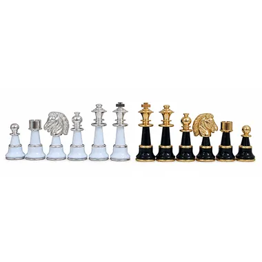 Giant Staunton chess pieces in wood and gold and silver-plated brass, front view