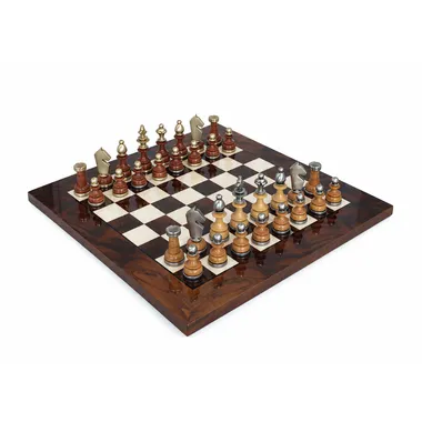 Solid Brass and Wood Chess Set with Heather Walnut Chess Board Glossy Finish