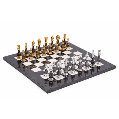 Luxury Chess Set in Solid Brass Gold and Silver Plated and Lacquered Wood with Heather Maple Chess Board - King 10 cm