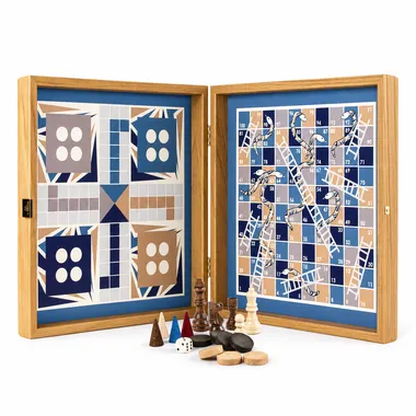 4-in-1 Blue Wooden Combo Set - Chess/Backgammon/Ludo/Snakes