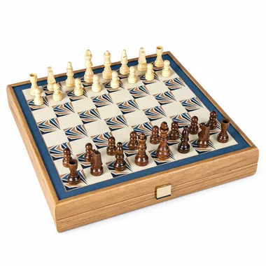 Navy blue wooden box open with chess board and wooden pieces set up