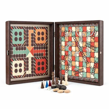4-in-1 Vintage Style Wooden Combo Set - Chess/Backgammon/Ludo/Snakes