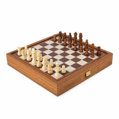 Wooden chess board with brown and white chess pieces set up