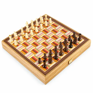 Patterned colourful chess board open with white and brown chess pieces in play