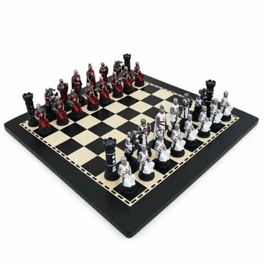 Order of the Templars Chess Set - Hand-Painted Pieces and Black Ebony Wood Chess Board