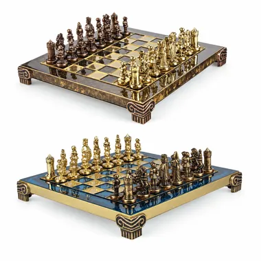 Byzantine Empire chess set with blue and brown metal chessboards
