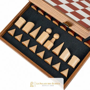 Bauhaus Style Chess Set in Wood with Faux Leather Board - Terracotta & White - 40 x 40 cm