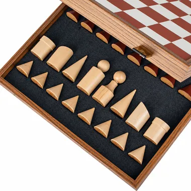 Bauhaus Style Chess Set in Wood with Faux Leather Board - Terracotta & White - 40 x 40 cm