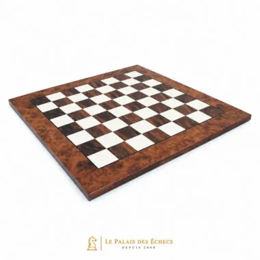 Elm and briarwood chess board shown in perspective on a white background