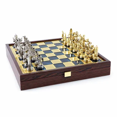 Greek mythology chess set, overall view with wooden box