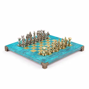 Complete Spartan warrior chess set, turquoise metal board on a stand