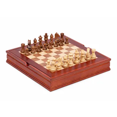 Rosewood chess set, marquetry chess board on a closed storage box