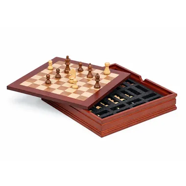 Open box showing chess pieces stored in their foam compartments