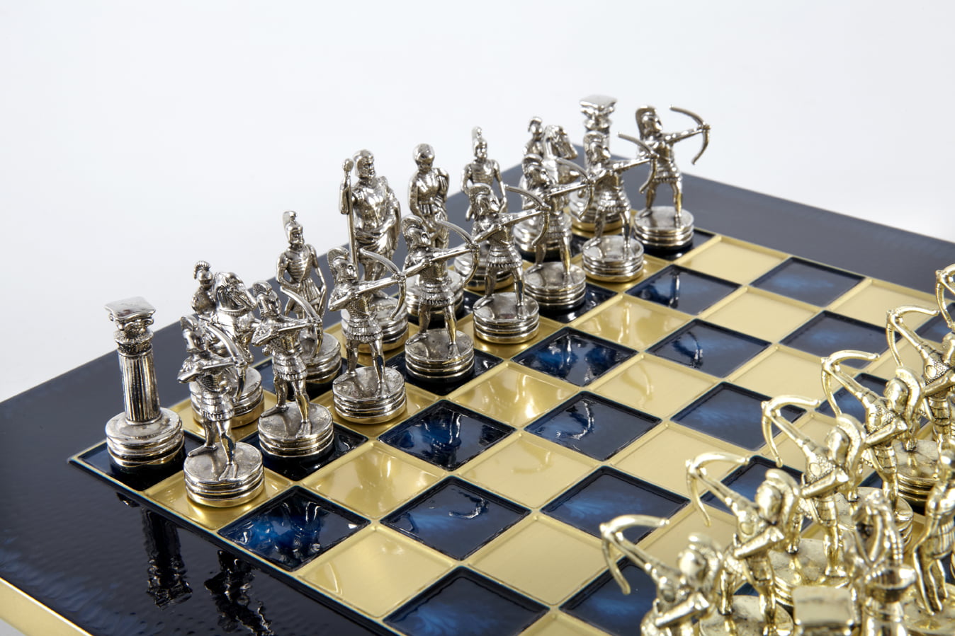 Small Silver and Gold Archers Metal Chess Set - Laminated Wood Box with Metal Chess Board - Image 27