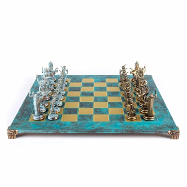 Alternative view of Greek Mythology Chess Set – Blue and Bronze Metal Pieces
