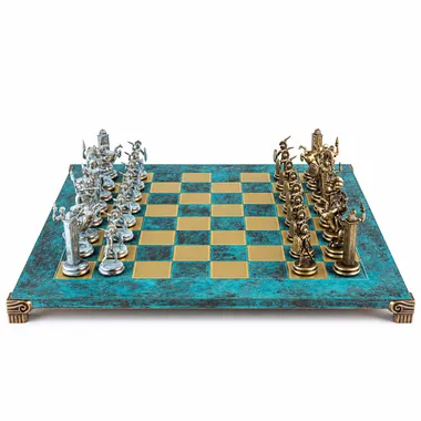 Greek mythology chess set, blue and bronze pieces facing off on turquoise board