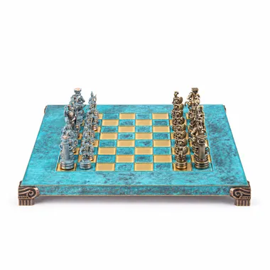 Turquoise chess board with Greek and Roman gold and silver-tone metal pieces