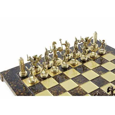 Detail of gold pieces depicting Greek mythological warriors on the chess board