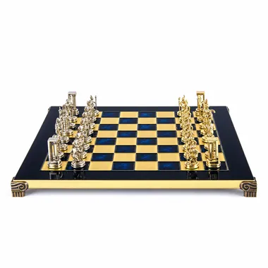 Greek Minoan Warrior chess set, overall view on blue and gold board