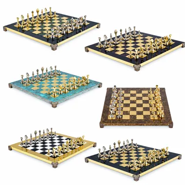 Staunton metal chess set, several colour variants on the board
