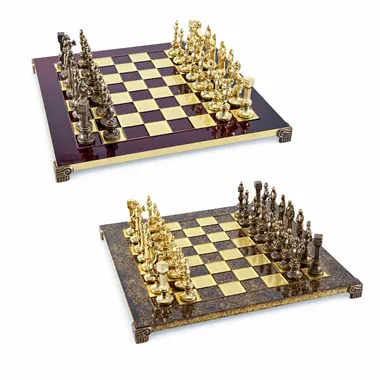 Renaissance chess set in gold and bronze metal, two board colour options