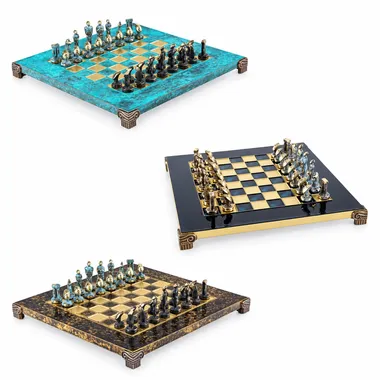 Art Cycladique chess set in brass, bronze and blue, three finishes shown