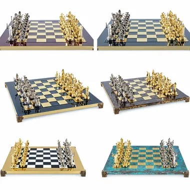 Greek Mythology chess set, gold and silver pieces on boards in colour variants