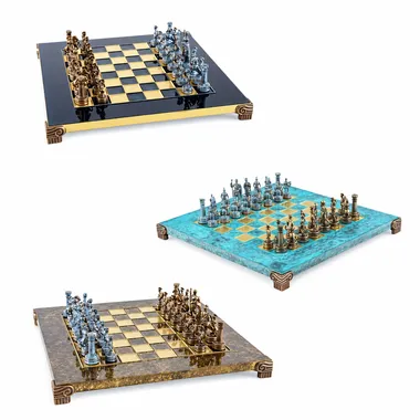 Greek and Roman metal chess set, shown in three chessboard colour options