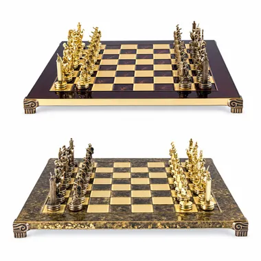 Greek Mythology chess set, gold and brown pieces, two views of the board