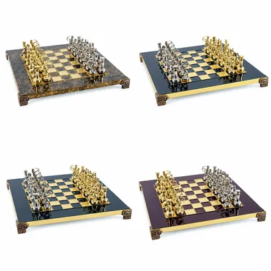 Complete archer chess set, silver and gold pieces, four colour variants