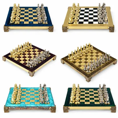 Byzantine chess set, gold and silver pieces, six board finishes shown