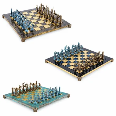Greek mythology chess set, three colour variants of pieces and boards shown