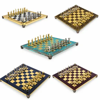 Greek Minoan Warrior chess set, collage of several board colours