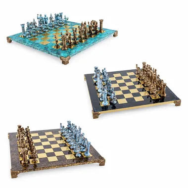 Greco-Roman chess set, three views of the metal board with bronze and blue pieces