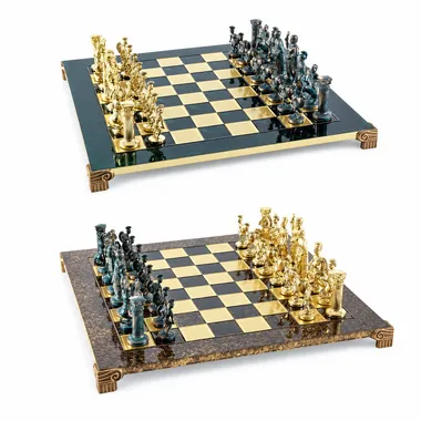 Greco-Roman chess set, green and gold pieces, two board colour options