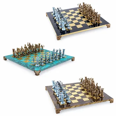 Complete chess set, three views of the board and bronze and blue-patina pieces