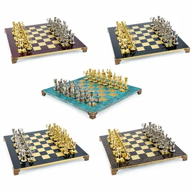 Greek Archers chess set: various chessboard finishes shown in collage