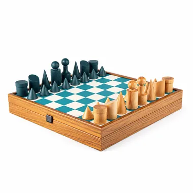 Bauhaus Turquoise and Natural Chess Set - Wood and Faux Leather Chess Board & Wooden Pieces