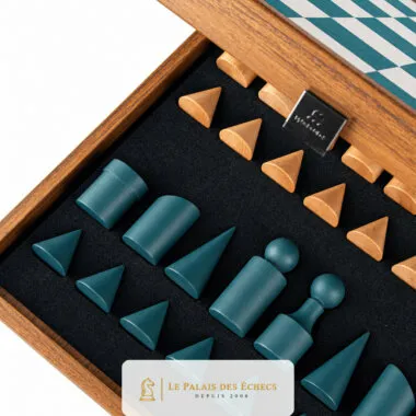 Geometric blue and wood pieces stored in the open storage box