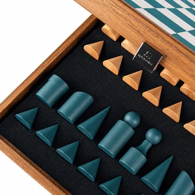 Geometric blue and wood pieces stored in the open storage box