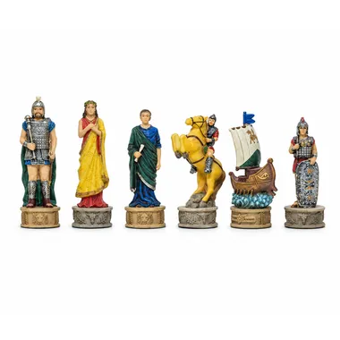 Trojan War themed chess pieces, six painted figures lined up