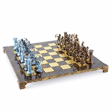 Chess board side view, archer pieces facing patinated bronze warriors