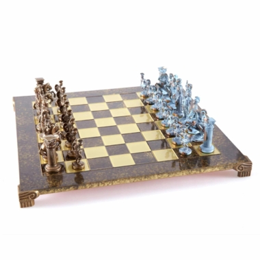 Alternative view of Greco-Roman Metal Chess Set – Bronze and Blue Pieces with 44 x 44 cm Metal Chess Board and Storage Box