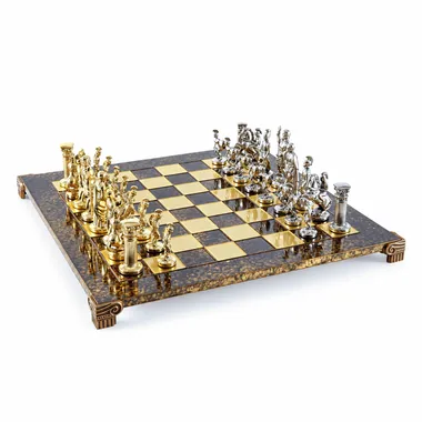 Graeco-Roman chess board viewed from the side with aligned silver and gold pieces