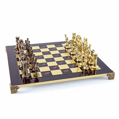 Greco-Roman bronze and gold chess set, overview on burgundy board