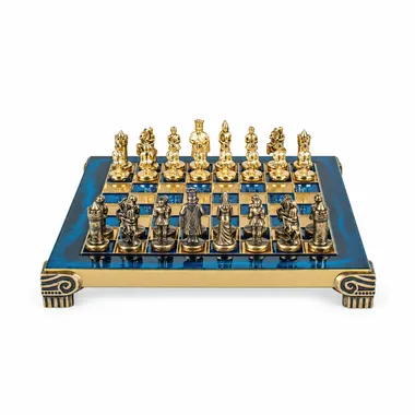 Blue metal chessboard with gold and brown Byzantine Empire chess pieces