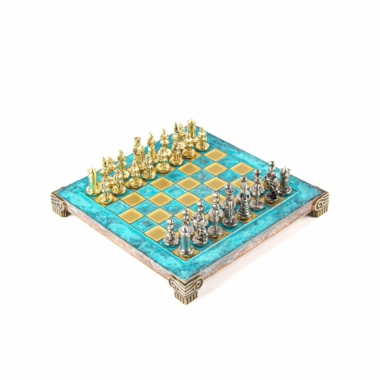 Alternative view of Small Byzantine Chess Set with Gold & Silver Metal Pieces, Metal Chess Board and Storage Box