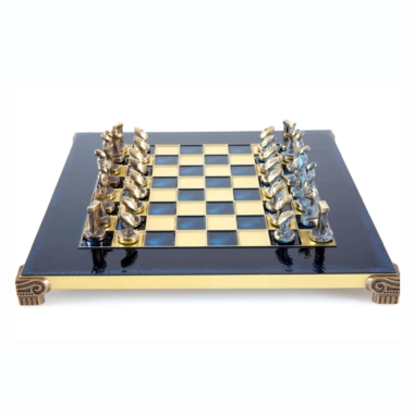 Alternative view of Small Cycladic Art Chess Set in Bronze and Blue Brass – Metal Chess Board and Laminated Wood Storage Box