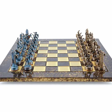 Complete Greek mythology chess set, bronze and blue pieces facing each other