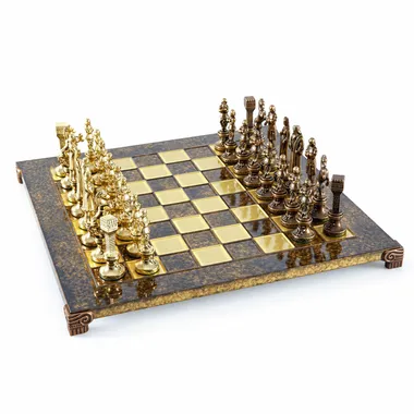 Renaissance chess set in perspective with gold and bronze pieces lined up
